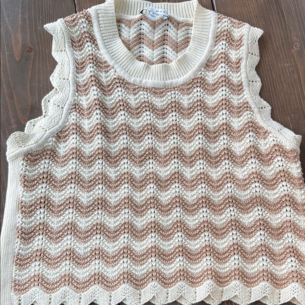 Cream and Brown Knit Sleeveless Top